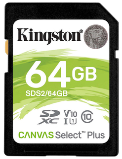 Карта памяти  SD  64 Gb Kingston SDXC Class 10 UHS-I Canvas Select Plus 100MB/ s (SDS2/ 64GB)